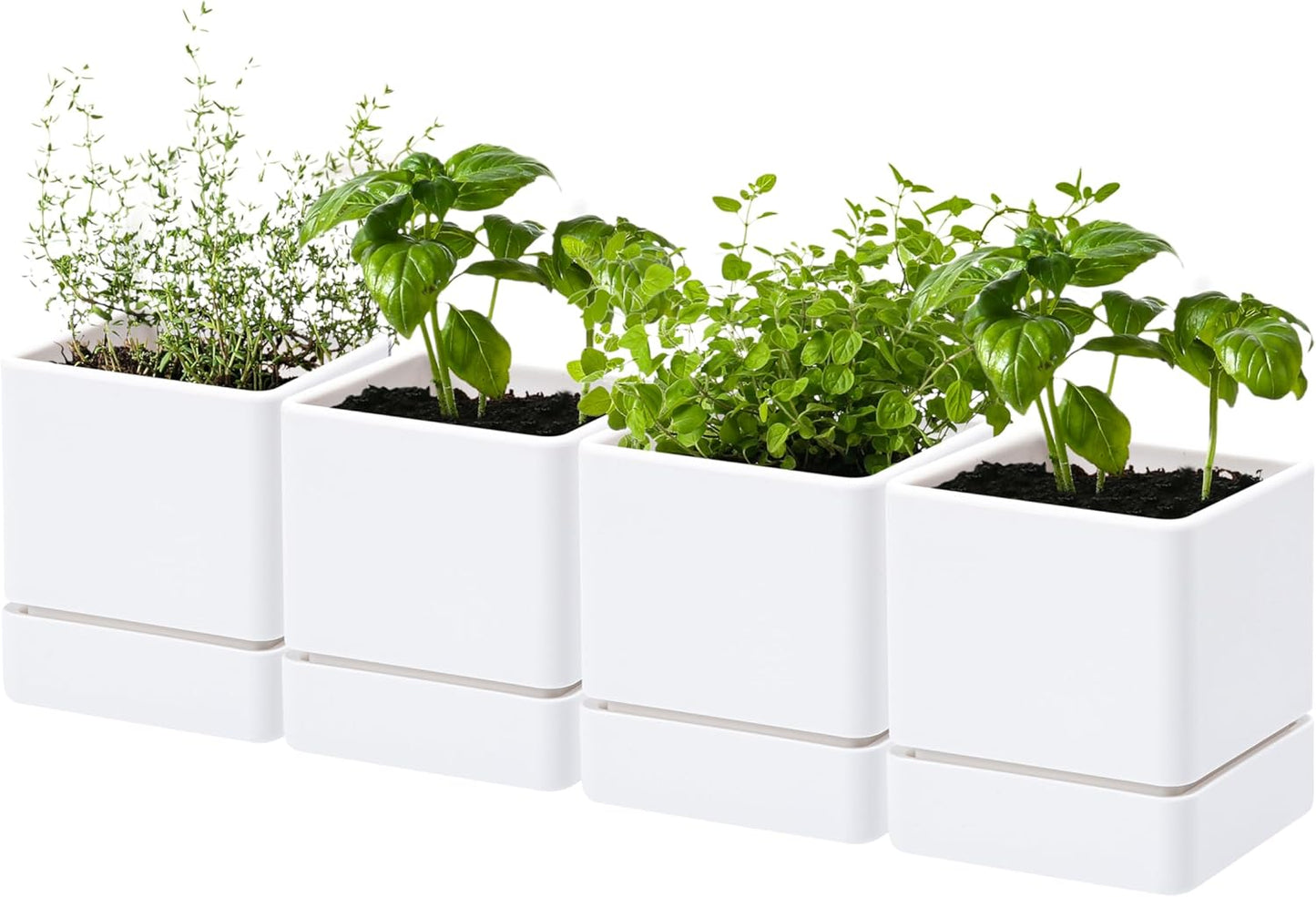 4 Inch Herb Planter Pot, Plastic Planter with Drainage Holes and Saucer, Modern Decorative Gardening Pot for Indoor Plants, Flowers, Herbs, Succulents, White, Set of 4, 76-Y-A-4