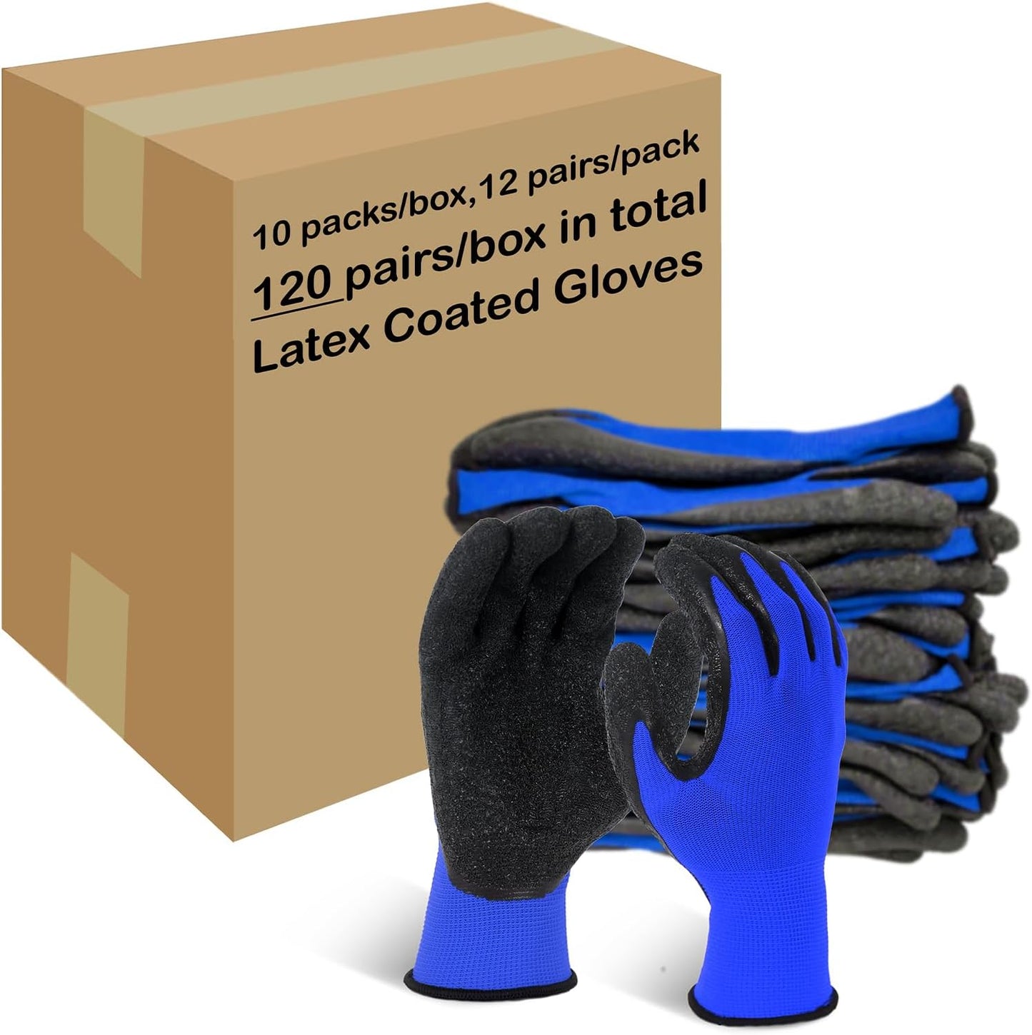 Evridwear Crinkle Latex Rubber Hand Coated Safety Work Gloves for Men Women General Multi Use Construction Warehouse Gardening Assembly Landscaping (XK-Size) Blue 120 Pairs Pack