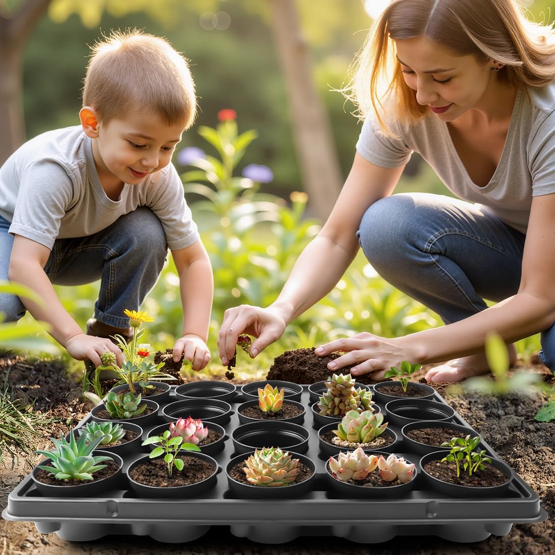 3 Inch Plastic Plant Pots 100 Pcs with 5 Pcs 20 Cell Seed Starter Trays, Thick Black Small Nursery Pots and Propagation Shuttle Trays for Seed Starting, Plant Propagation Starter Kit 5 Sets