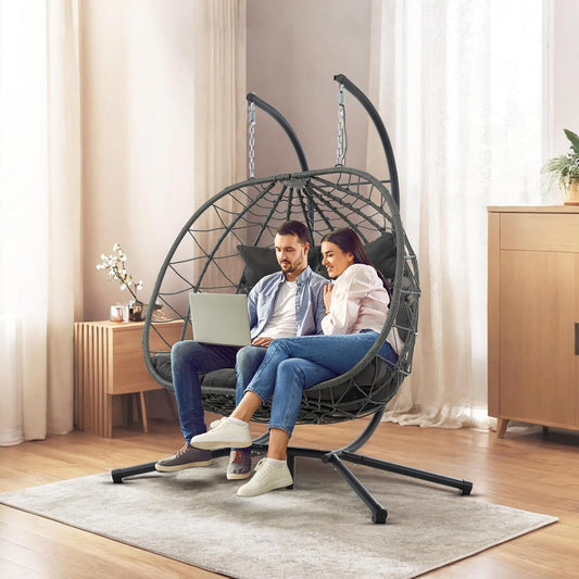 Double Egg Swing Chair with Stand, 2 Person Outdoor Indoor Hammock Hanging Chair with Cushion,Patio Wicker Hanging Egg Chair w/Cushion 700LBS Capacity for Bedroom, Balcony, Garden