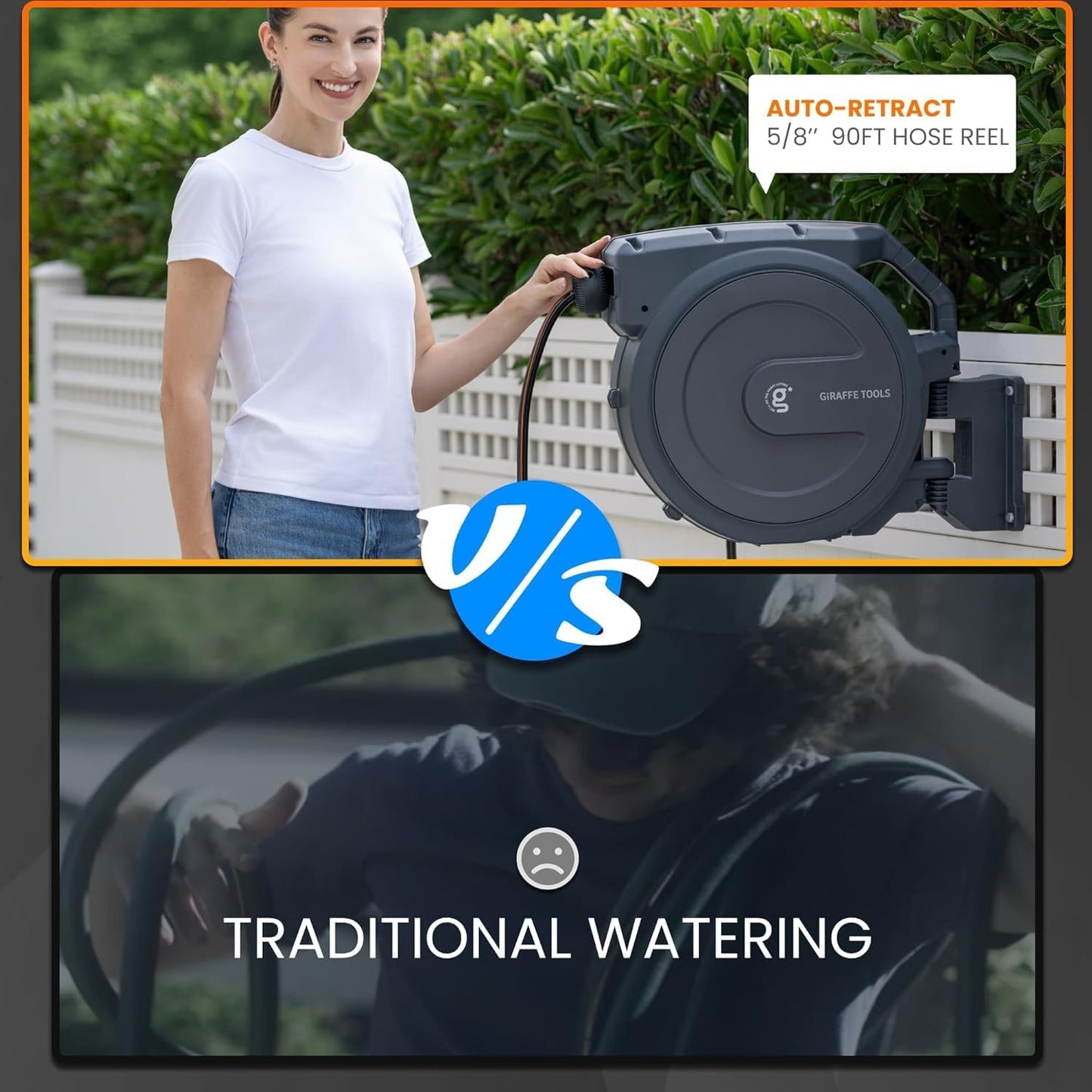 Giraffe Tools Retractable Hose Reel 5/8" x 90 ft Wall Mounted Garden Hose Reel Heavy Duty, Automatic Rewind, 180 Deg Swivel, Any Length Lock, 9 Pattern Nozzle, 90 ft, Dark Grey