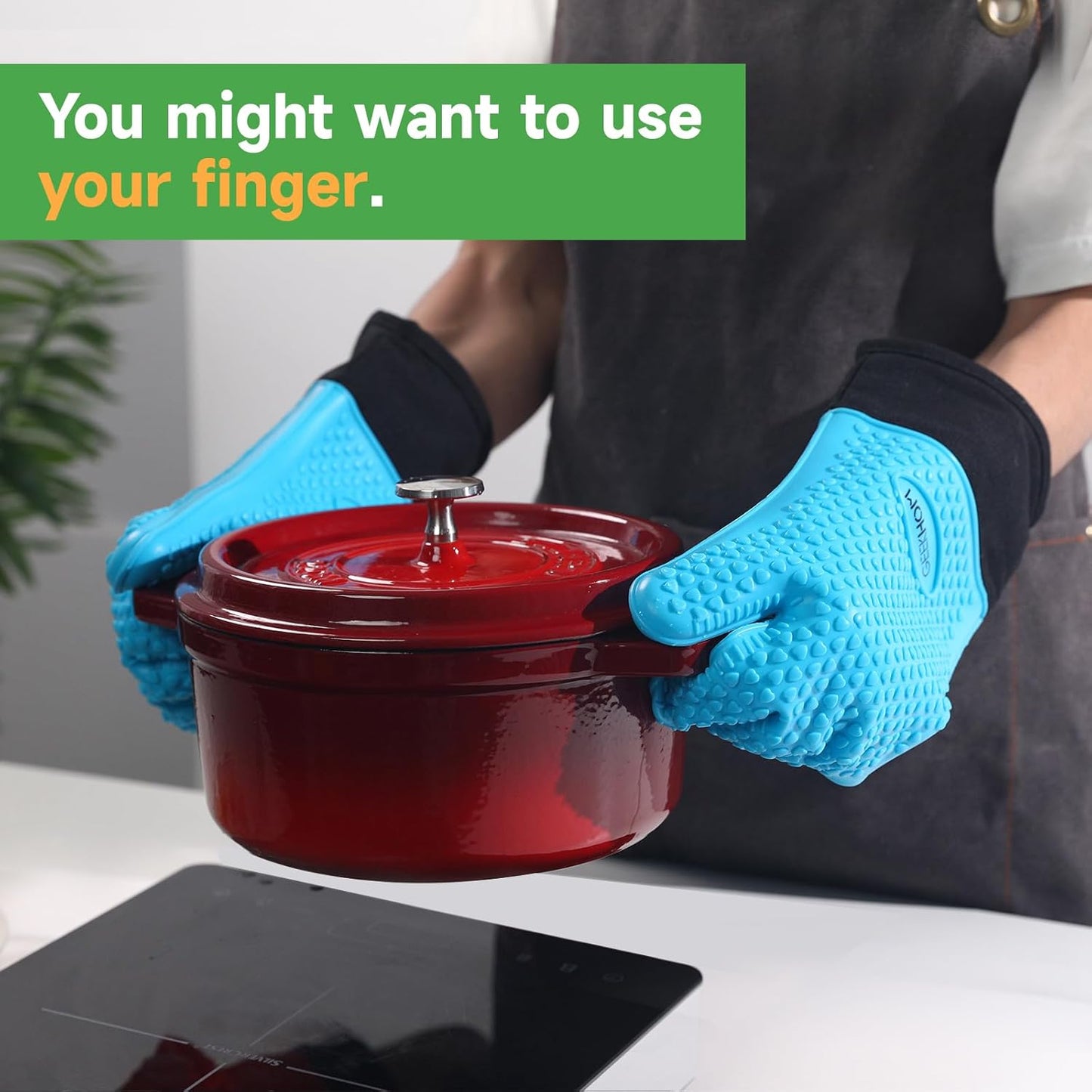 GEEKHOM BBQ Gloves Heat Resistant Oven Mitts - Silicone Grilling Gloves with 14" Long Arm Protection - Waterproof Pot Holder Non-Slip for Men & Women, Kitchen Cooking, Baking, Camping, Blue