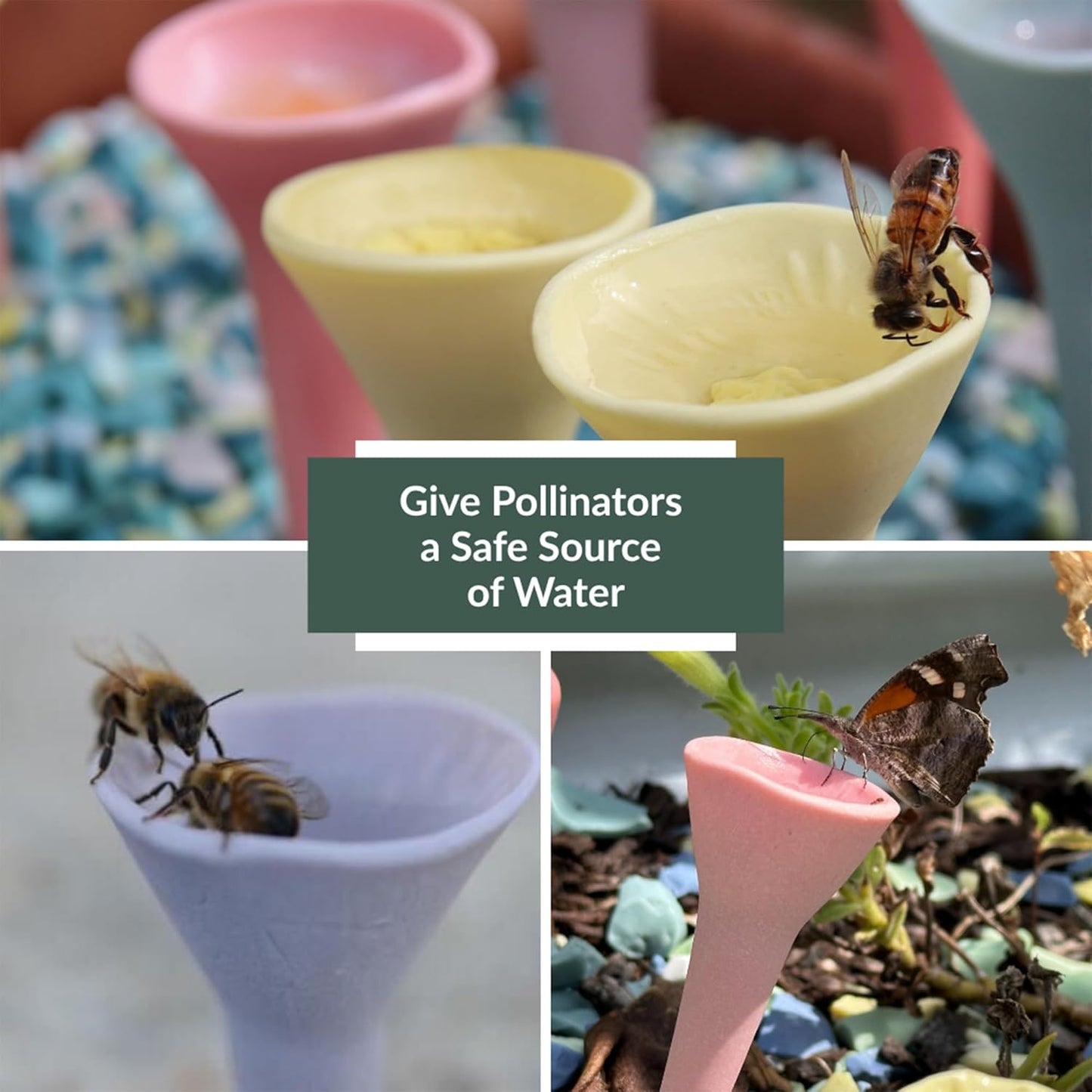 3 Pack, Bee Watering Station, Butterfly Feeder, Bee Feeder, Garden Decor, Bee Decor, Outdoor Garden Decor, Plastic Free, Handmade from Porcelain (3, Cactus)