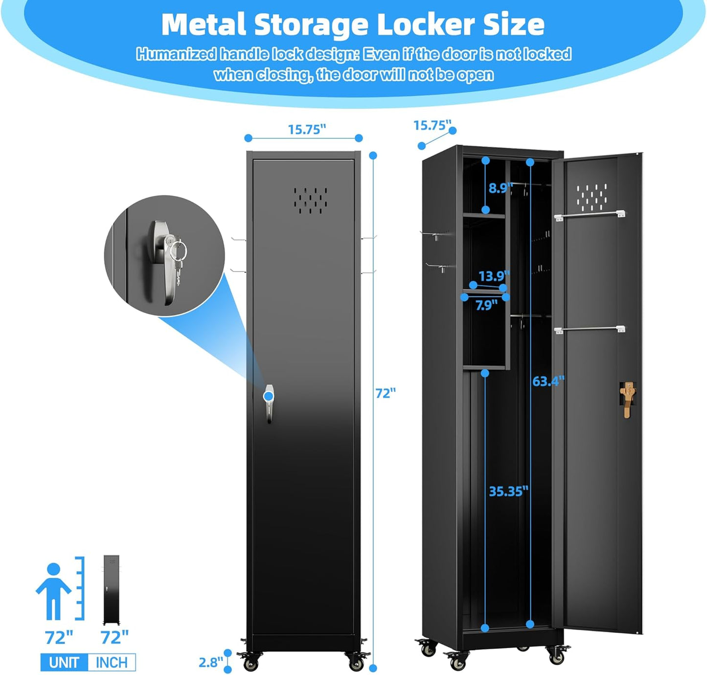 72''H Metal Broom Closet Storage Cabinet with Wheels & Pegboards, Mops Broom Closet Organizer with Locking Door & Hanging Rod,Cleaning Tool Garage Storage Cabinet,Assembly Required,Black