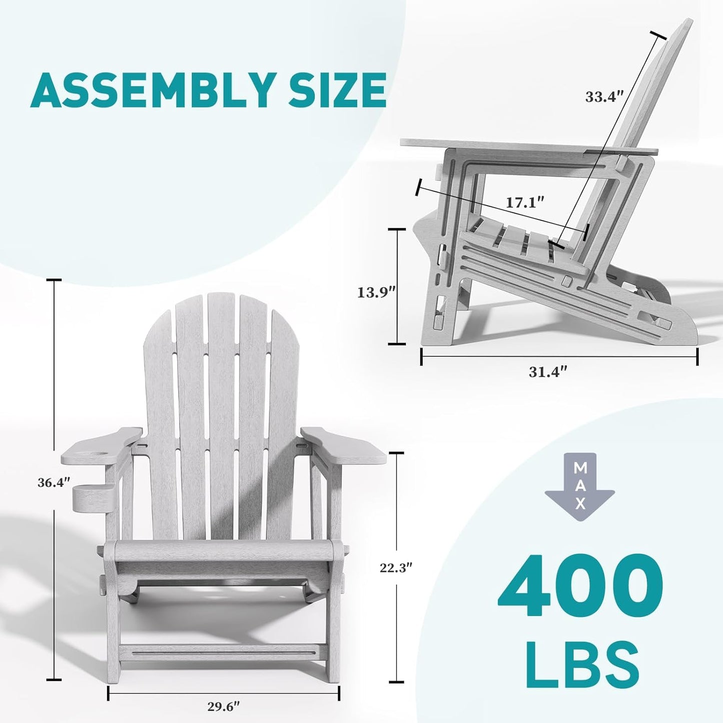 Adirondack Chair, Tool-Free Assembly All-Weather Adirondack Chairs, HDPE Fire Pit Chairs with Cup Holder, Outdoor Chair for Patio Garden (Grey)
