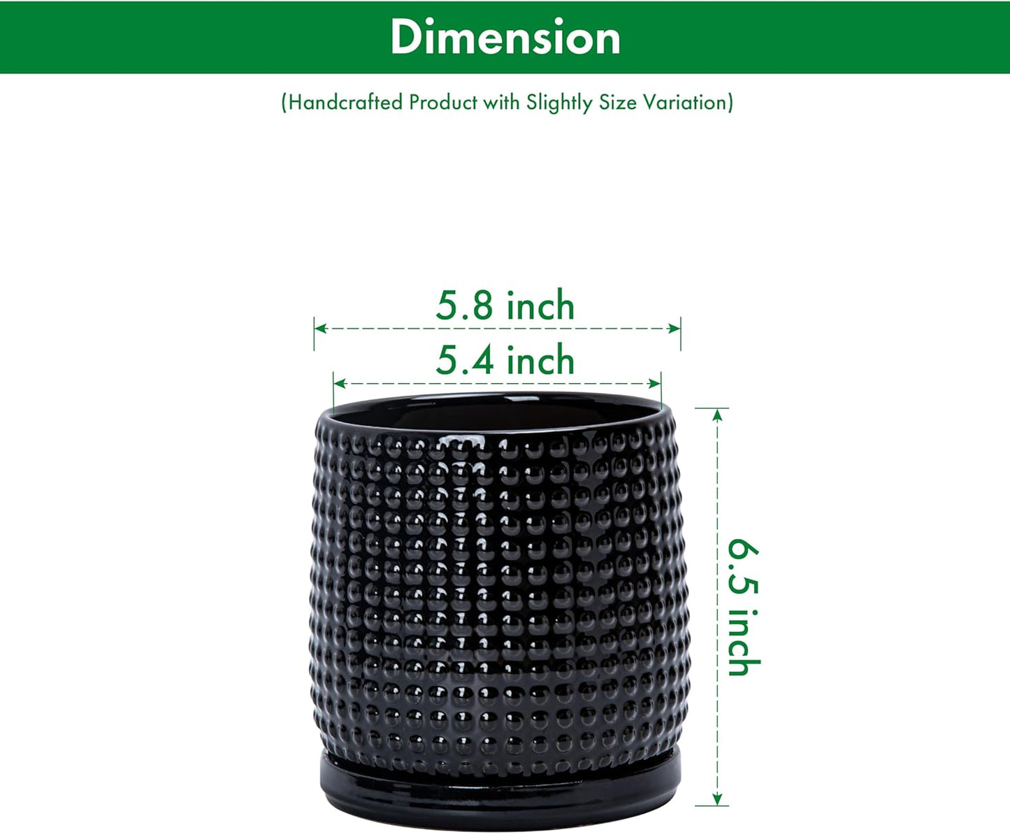 D'vine Dev Set of 2 Ceramic Plants Pots, 6 Inch Beaded Stoneware Flower Pot for Plants with Drainage Hole and Saucer, Glossy Black, 27-E-X-2