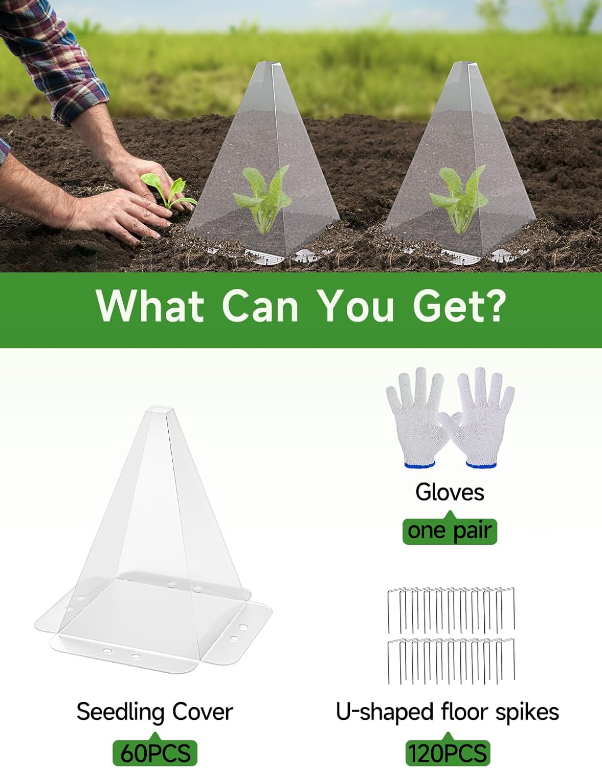 40 Pack Garden Cloches for Plants - Clear Reusable Plastic Seedling Covers with 80 Metal Stakes - Mini Greenhouse Plant Bell Covers for Frost, Sun, Pests Protection(7.8" x 11")