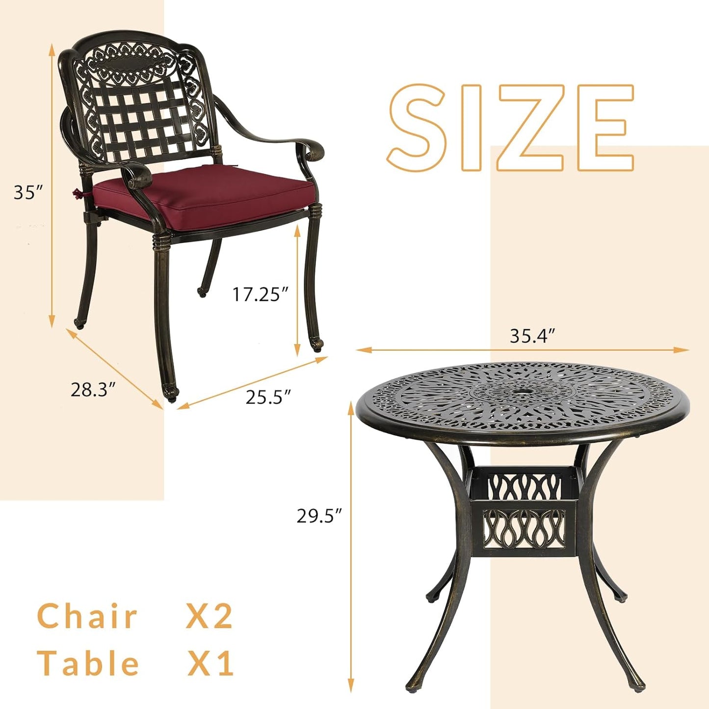 3-Piece Outdoor Patio Dining Set, All-Weather Cast Aluminum Patio Furniture Set for Backyard Garden Deck with 2 Cushioned Chairs and 35.4” Round Table, 2" Umbrella Hole, Chili Red