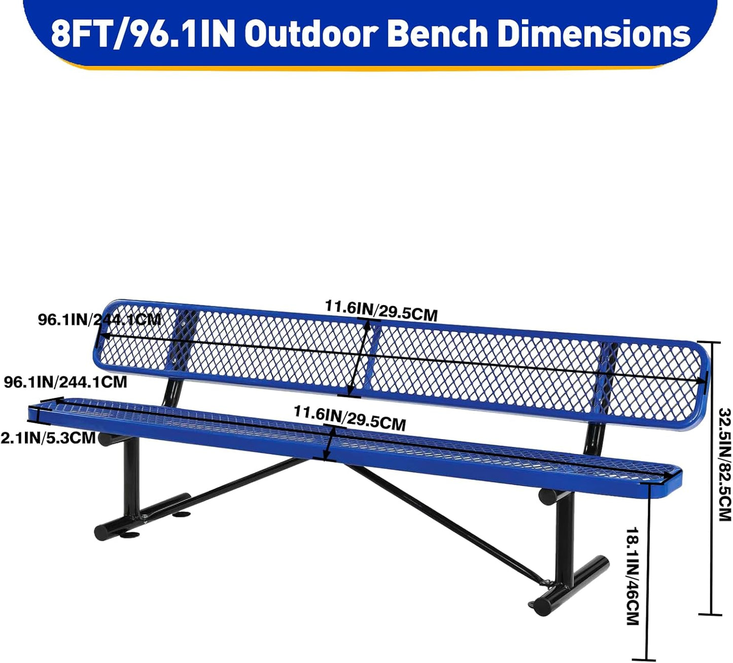Drexo 8FT Heavy Duty Park Bench with Back Portable Frame, Outdoor Metal Park Bench with Backrest, Steel Mesh Outdoor Bench for Garden, Lawn, Patio, Porch, Park, Yard, Blue