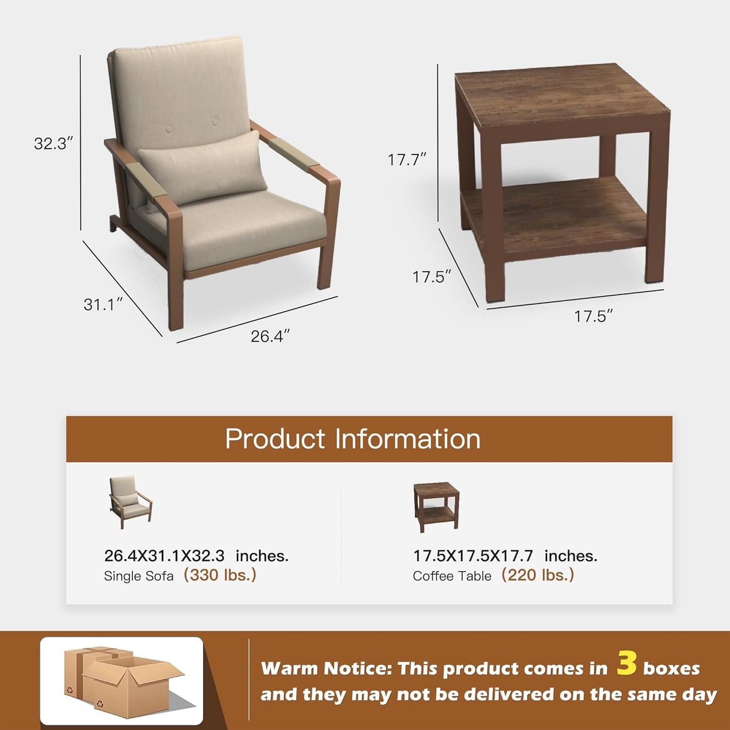 Aluminum 3-Piece Sofa Set with Coffee Table, Waterproof Fabric Cushions, Easy Assembly, High-Density Foam, Comfortable Outdoor Patio Furniture Set with Cushions (Beige)