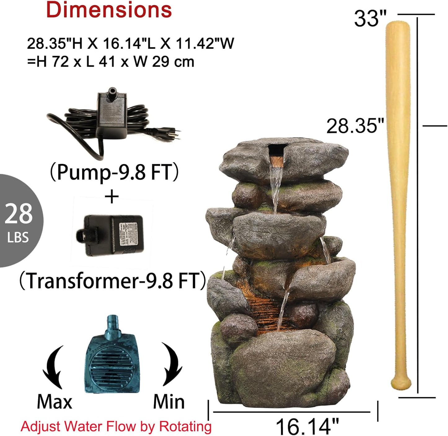 Garden Outdoor Fountains 4-Tier Rock Outdoor Water Fountain with Lights, 28.35" Waterfall Fountain for Garden, Patio, Yard, and Lawn, Natural Stone Look Water Features Outdoor Patio