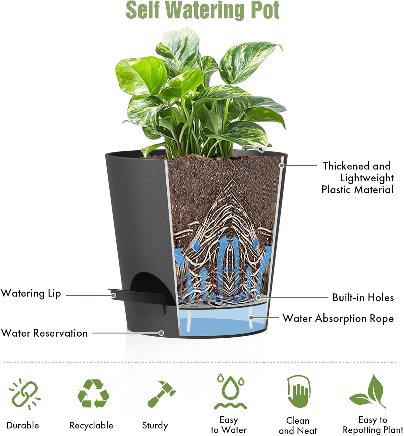 4 inch Self Watering Pots for Indoor Outdoor Plants, 6 Pack Plastic Flower Planters with Drainage Holes and Removable Saucers, Plant Pots with Wicking Rope, Modern Decor, Black