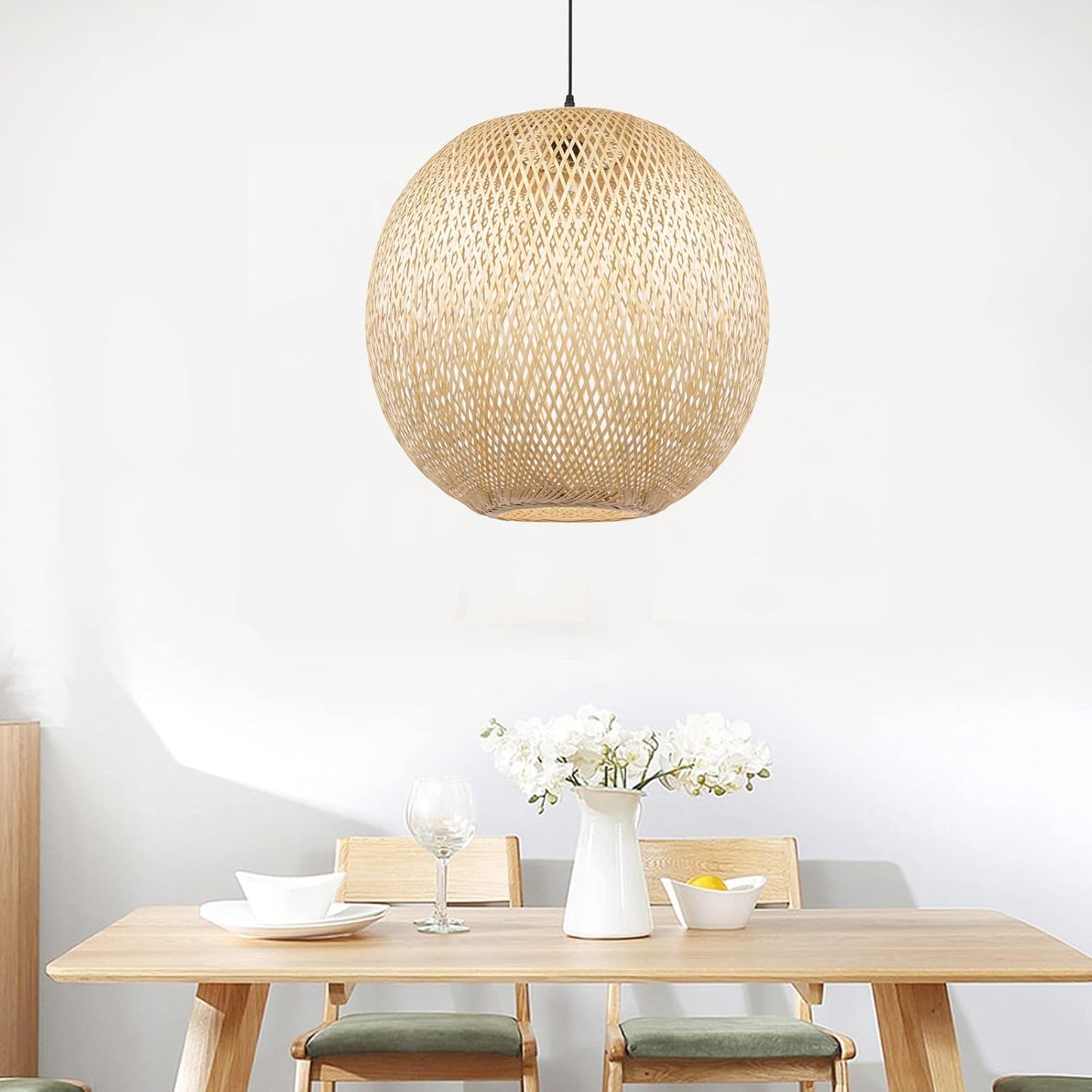 Arturesthome Bamboo Pendant Lighting Fixtures, Round Wicker Chandelier Hand-Woven Boho Basket Lampshade Hanging Ceiling Light for Kitchen Island Living Room