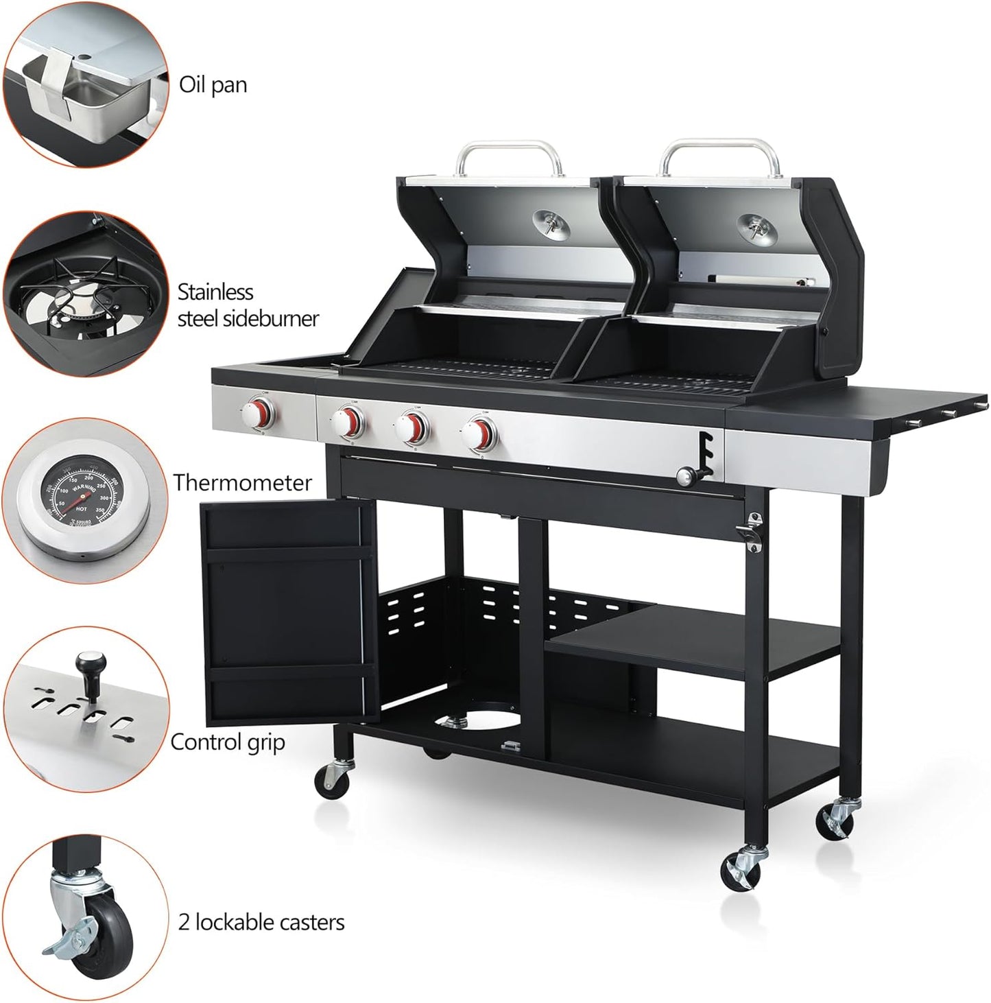 3-Burner Propane Gas BBQ Grill with Side Burner and Charcoal Grill Combo, 37,230 BTU, Enameled Cast Iron Grates, Stainless Steel Outdoor Grill for Patio and Backyard