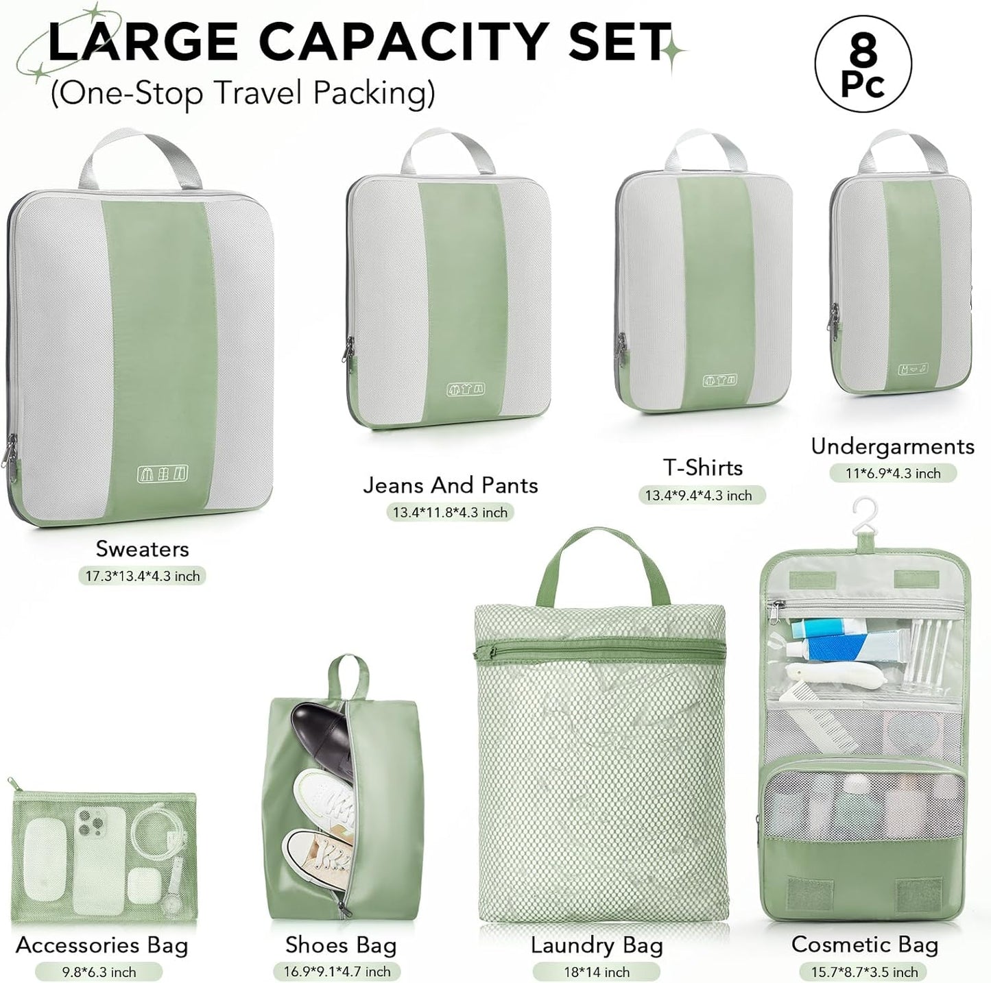 8 Set Compression Packing Cubes for Travel Essentials,Compressible Expandable Packing Cubes for Suitcase,OlarHike Luggage Organizer Bags for Travel,Handy Helper for Organizing Clothes(Matcha Green)