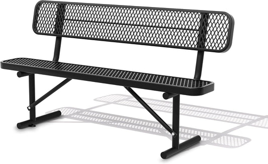6 FT Heavy Duty Park Bench, Outdoor Metal Black Bench with Back-Commercial Steel Benches for Outside, 2-4 Person Seat-Garden Benches with Portable Frame for Outdoors