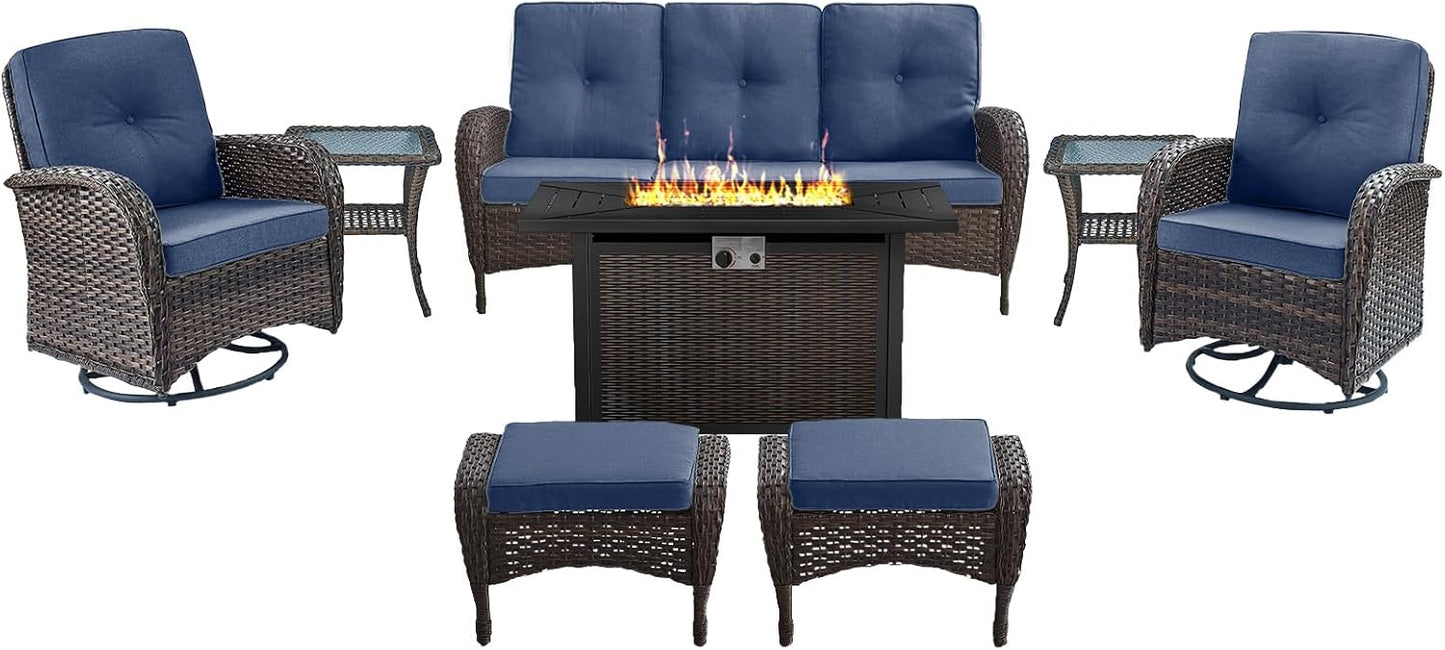 8 Piece Patio Furniture Set with 50000 BTU Propane Fire Pit Table, Outdoor Conversation Set with 2 Swivel Rocker Chairs Wicker Sofa and Ottomans for Casual Gatherings