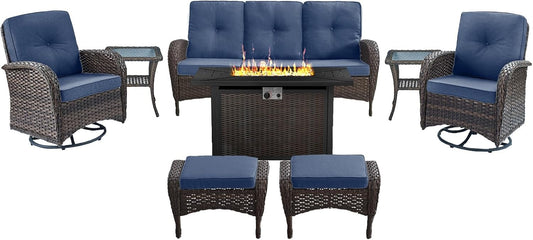 8 Piece Patio Furniture Set with 50000 BTU Propane Fire Pit Table, Outdoor Conversation Set with 2 Swivel Rocker Chairs Wicker Sofa and Ottomans for Casual Gatherings