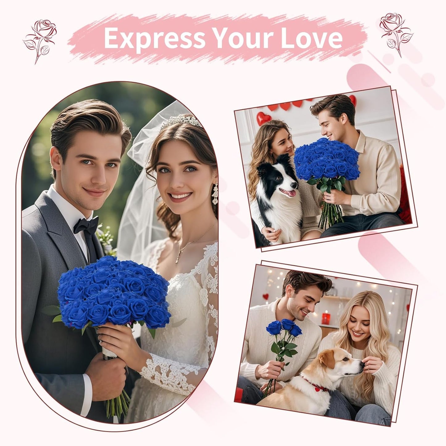 55 PCS Fake Roses Artificial Flowers Bulk, Blue Roses Bridal Bouquet Silk Faux Rose with Stems for Wedding Flowers Decoration, Valentine's Day, Bridal Bouquet, Anniversary,Home Decor(55PCS, Blue)