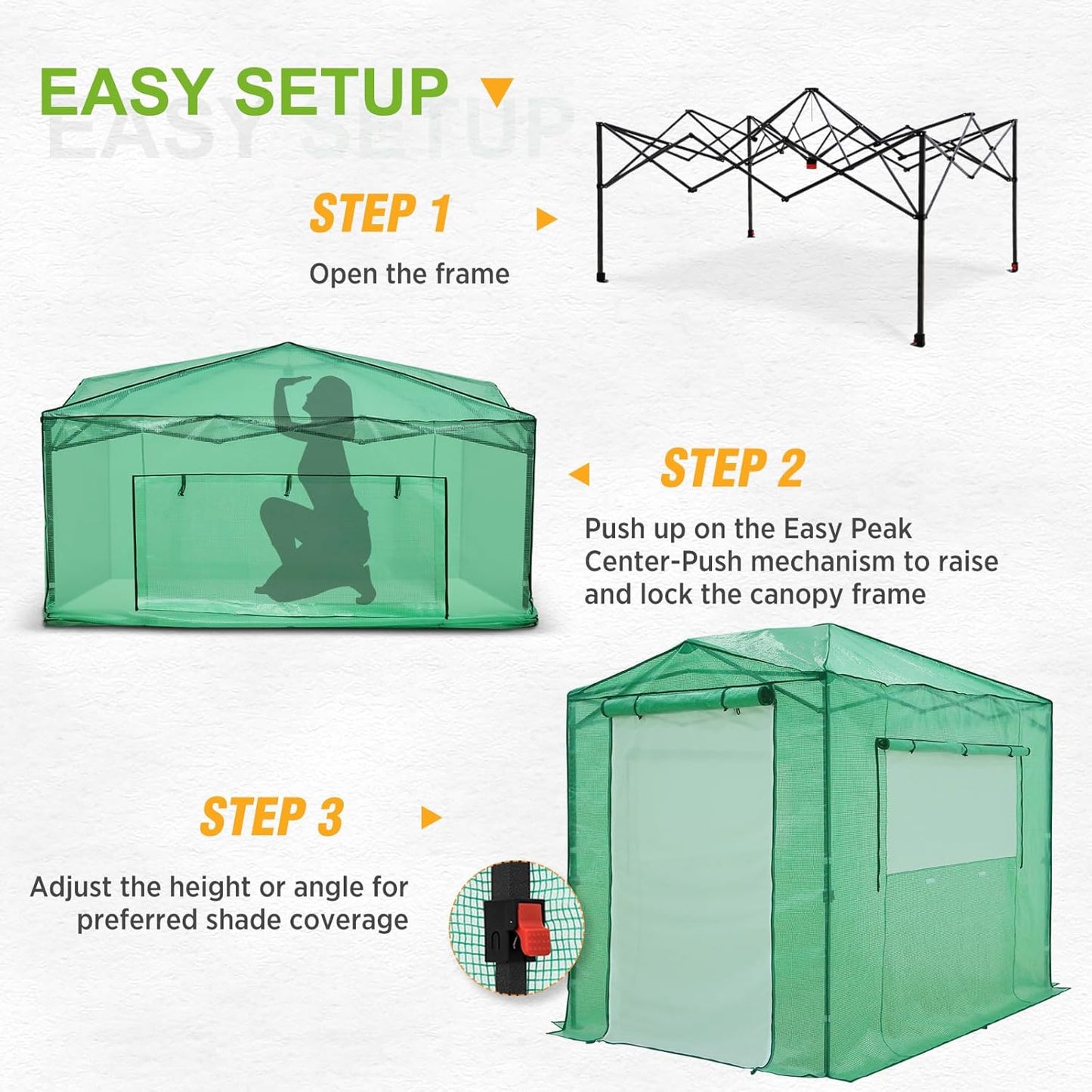 EAGLE PEAK 8x6 Portable Walk-in Greenhouse Instant Pop-up Indoor Outdoor Plant Gardening Green House Canopy with Dual Roll-up Zipper PE Door & Upgraded Screen Mesh Door, PE Cover, Green/Clear