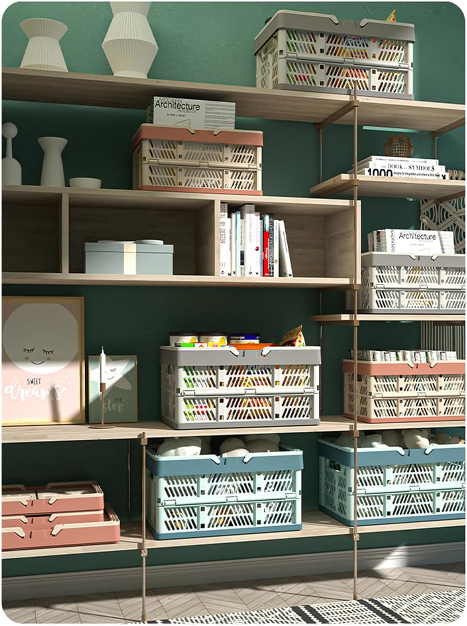 Foldable Handle Storage Crate Bin - 20L Collapsible Plastic Crate Stacking Storage Basket - Pink & Rose M