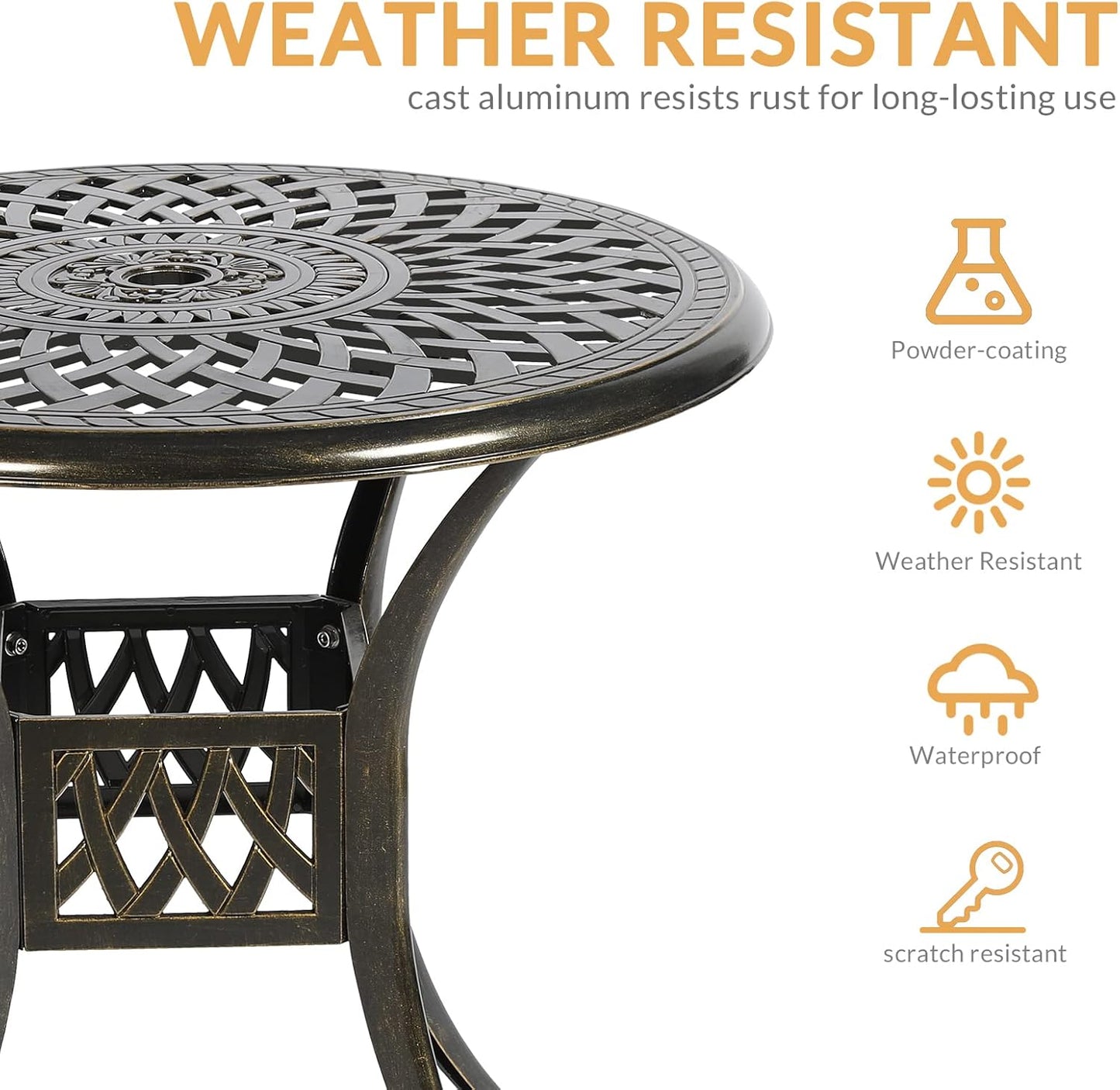 3-Piece Outdoor Patio Dining Set, All-Weather Cast Aluminum Patio Furniture Set for Backyard Garden Deck with 2 Cushioned Chairs and 31” Round Table, 2" Umbrella Hole