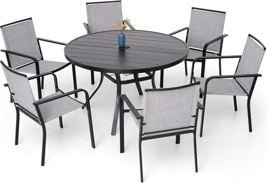 7-Piece Outdoor Dining Set, 48'' Round Table with 6 Stackable Chairs All Weather Furniture Set - Grey