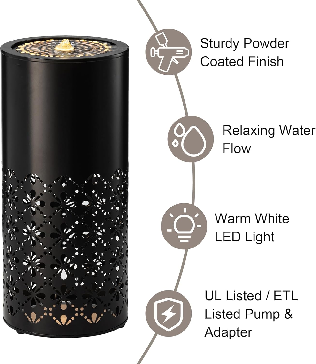 Glitzhome Modern Metal Cutout Water Fountain with Pump, Adapter and LED Light, Black Cutout Bird Bath Garden Outdoor Fountain and Waterfalls, Freestanding Fountains for Patio Backyard Decor, 23.5''H