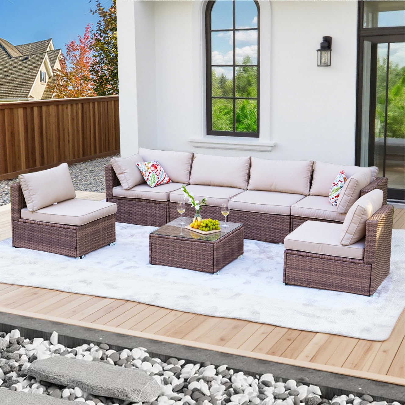 7 Pieces Patio Furniture Set - All-Weather Outdoor Wicker Sectional Conversation Sofa, Rattan Patio Seating Sofa Set with Cushion and Glass Table for Porch Poolside, Brown/Beige