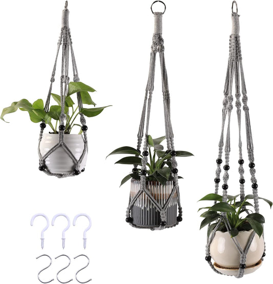 3-Pack Macrame Plant Hanger Indoor - Hanging Planter Basket for Indoor Outdoor - Decorative Boho Plant Holders Set with Beads - Ceiling Flower Pot Holder with 6 Hooks - 35"/30"/24" Gray
