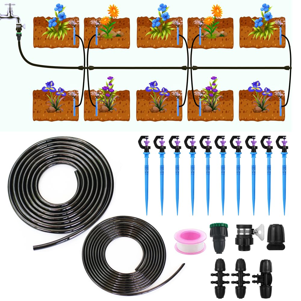 26FT/8M Rotary Sprinkler Drip Irrigation System, Adjustable Complete Drip Irrigation Kit with Rotary Sprinkler, 1/2" and 1/4" Irrigation Tubing and Barbed Fittings for Garden,Raised Beds,Yard,Lawn