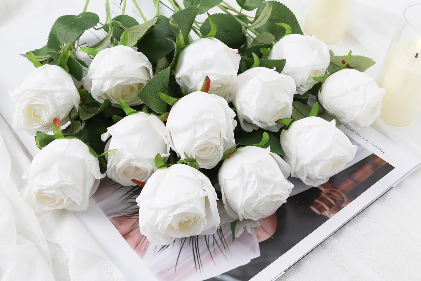 12 pcs White Roses Artificial Flowers Vintage Burnt Edge Rose 20" Realistic Silk Roses Bouquet with Long Stem for Wedding Party Floral Centerpieces Decoration (White)