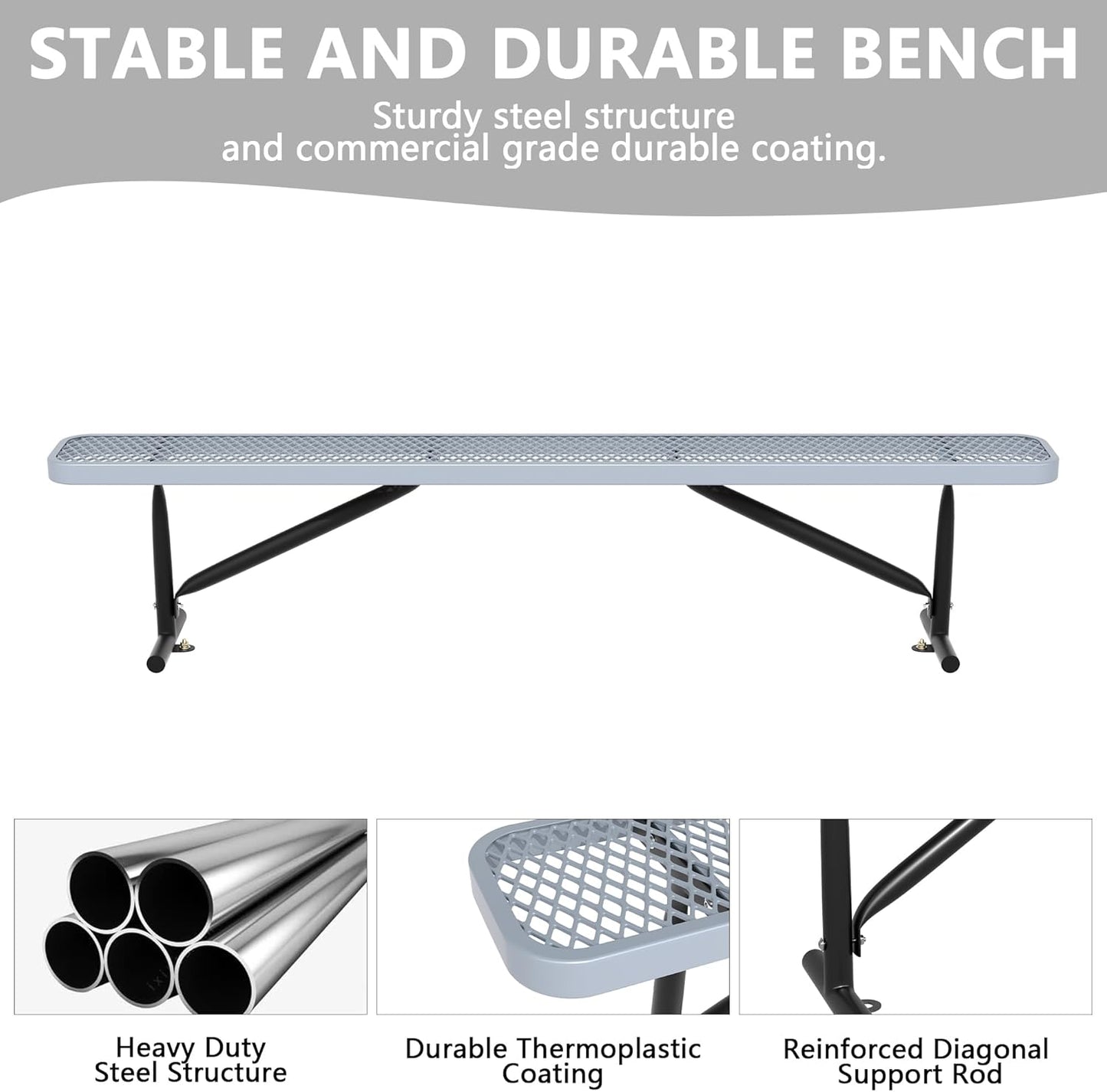 8 Feet Heavy Duty Metal Park Bench for Outside, Outdoor Bench with Portable Frame, Commercial Benches for Shopping Mall, Store, Park, Patio, Deck, Grey