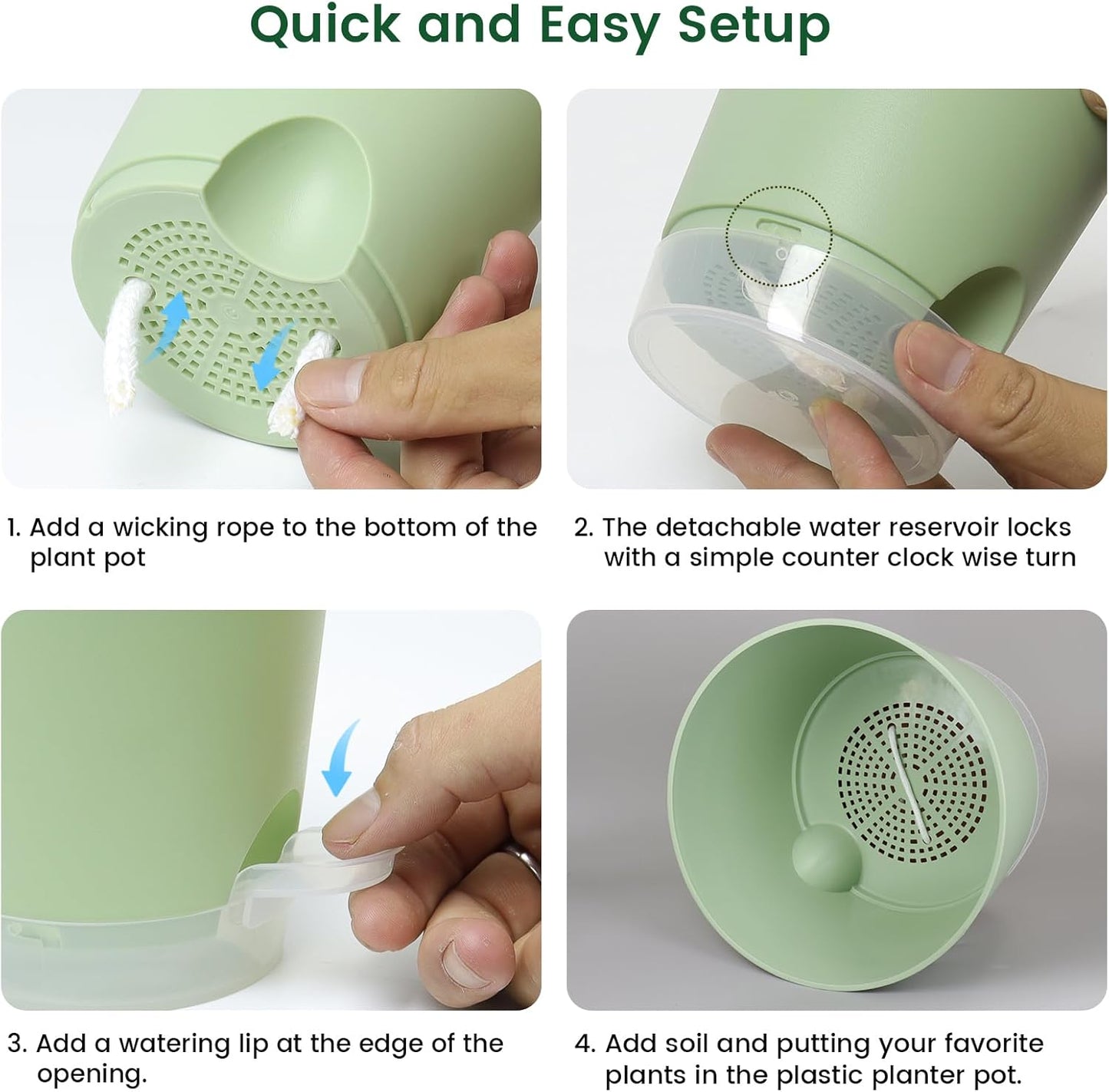 6 inch Self Watering Pots for Indoor Outdoor Plants, 3 Pack Flower Plant Pots with Drainage Holes and Clear Reservoirs, Visible Water Level, Plastic Planters with Wicking Rope, Green