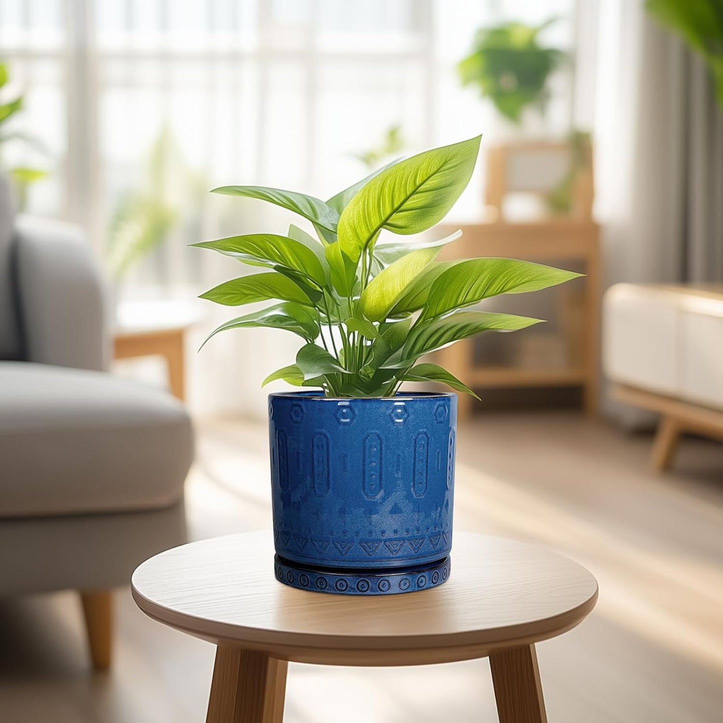 6 Inch Plant Pot - Ceramic Planter for Outdoor Plants Indoor Plant Pot with Drainage Holes and Saucer Succulent Pot Modern Round Flower Pot for House Room Decor Blue