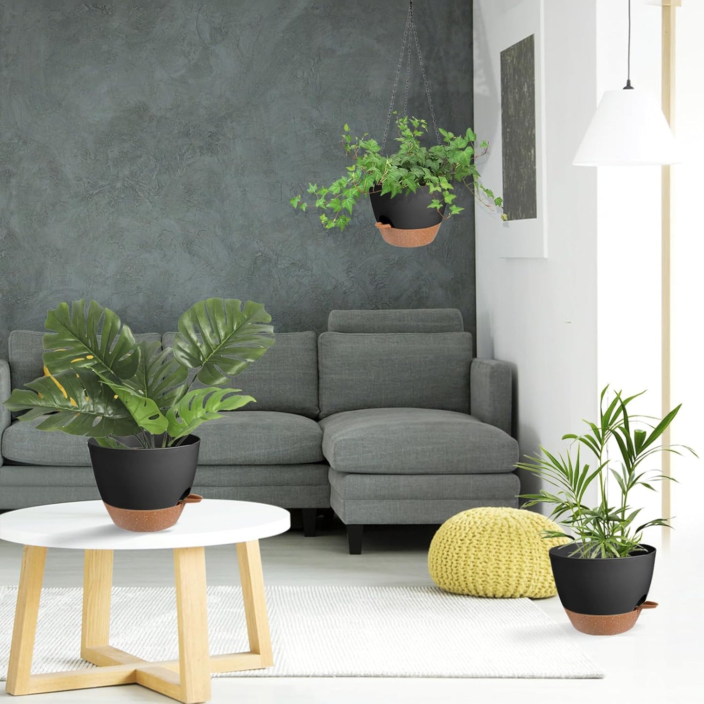 Hanging Planters for Indoor Outdoor Plants, 1 Set Self Watering Hanging Pot with Drainage Holes & Removable Tray (Black-12inch, 12'')