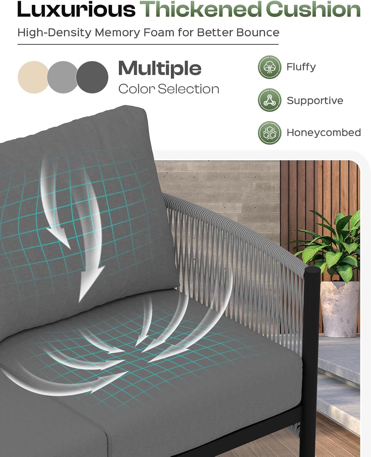 Aluminum Outdoor Patio Couch, 3 Seats HDPE Rope Patio Sofa with Washable Thick Cushion, All-Weather Patio Furniture for Balcony, Yard, Gray Frame, Charcoal