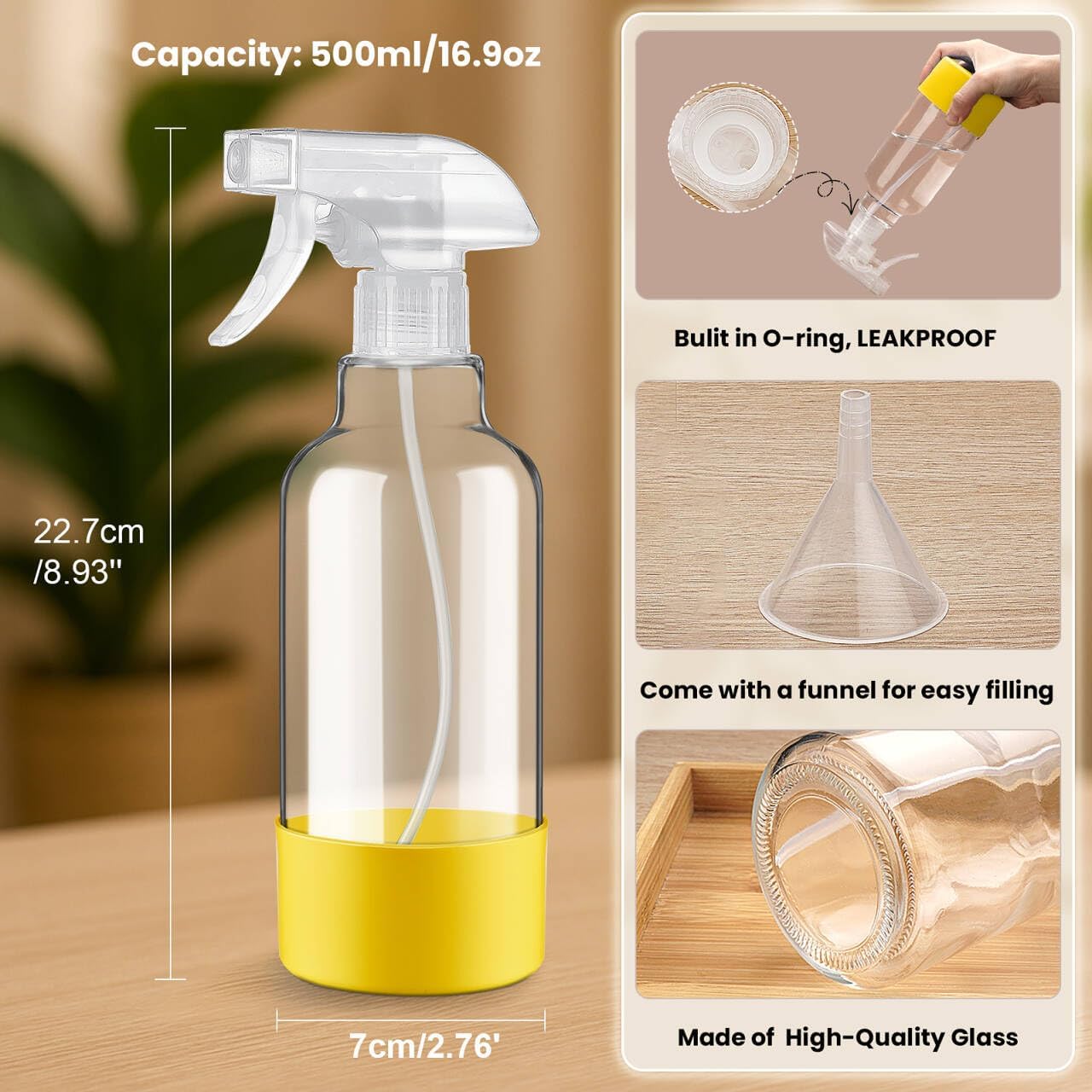 Glass Spray Bottles with Silicone Sleeve 16.9oz 2 Pack Empty Spray Bottle for Hair Mist/Stream Spraying for Cleaning Solutions, Plants, Essential Oils (clear-sblue&yellow)