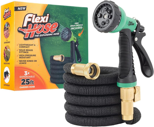 Flexi Hose with 8 Function Nozzle, 25FT - Lightweight Expandable Garden Hose, No-Kink Flexibility, 3/4 Inch Solid Brass Fittings and Double Latex Core
