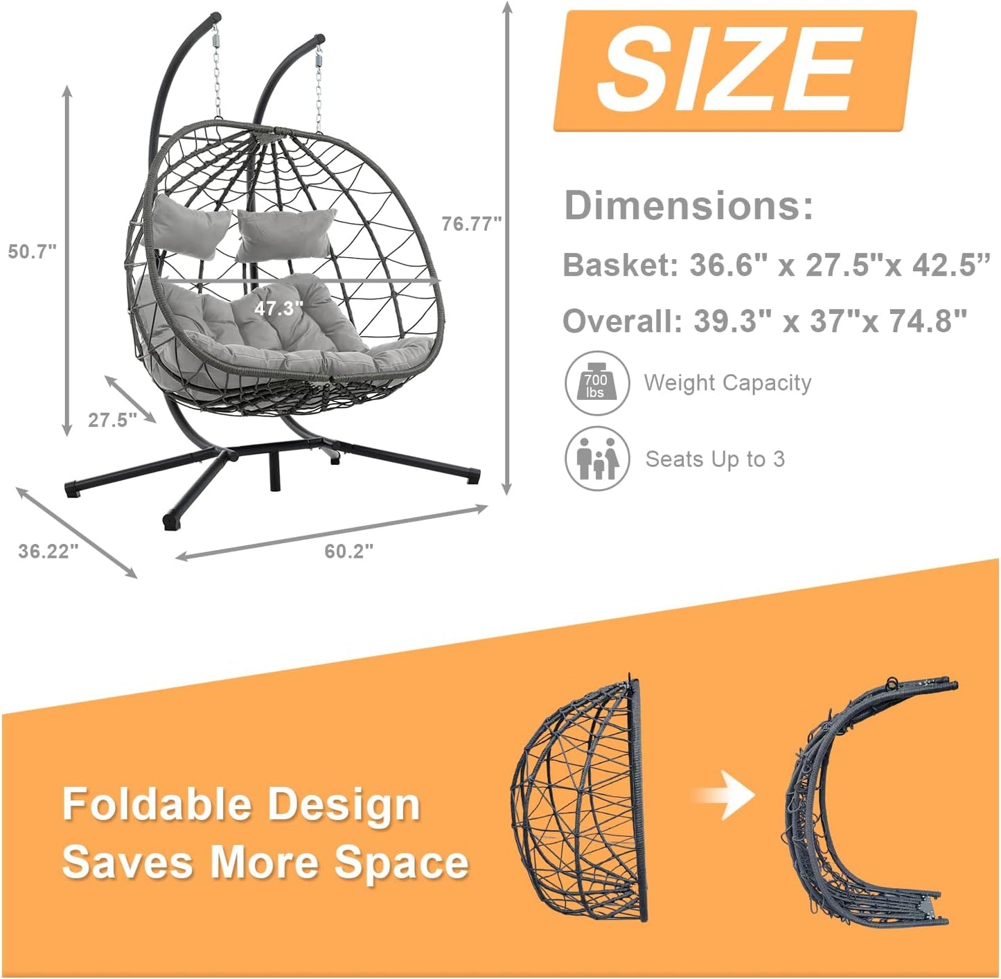 2 Person Double Egg Swing Chair with Stand Indoor Outdoor, Hammock Egg Chair Outdoor, Patio Wicker Hanging Egg Chair w/Cushion 700LBS Capacity for Bedroom, Balcony, Garden, Grey