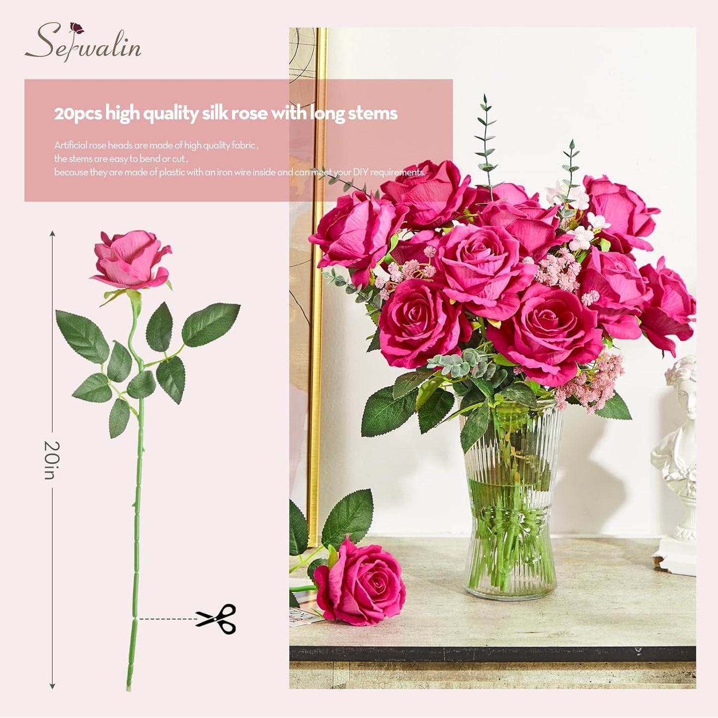Serwalin 20pcs Artificial Roses, 4'' Big Flower Head, Hot Pink Roses Velvet Real Touch, Silk Fake Roses Long Stem Realistic Bouquet for Wedding Table Centerpiece and Home Decor