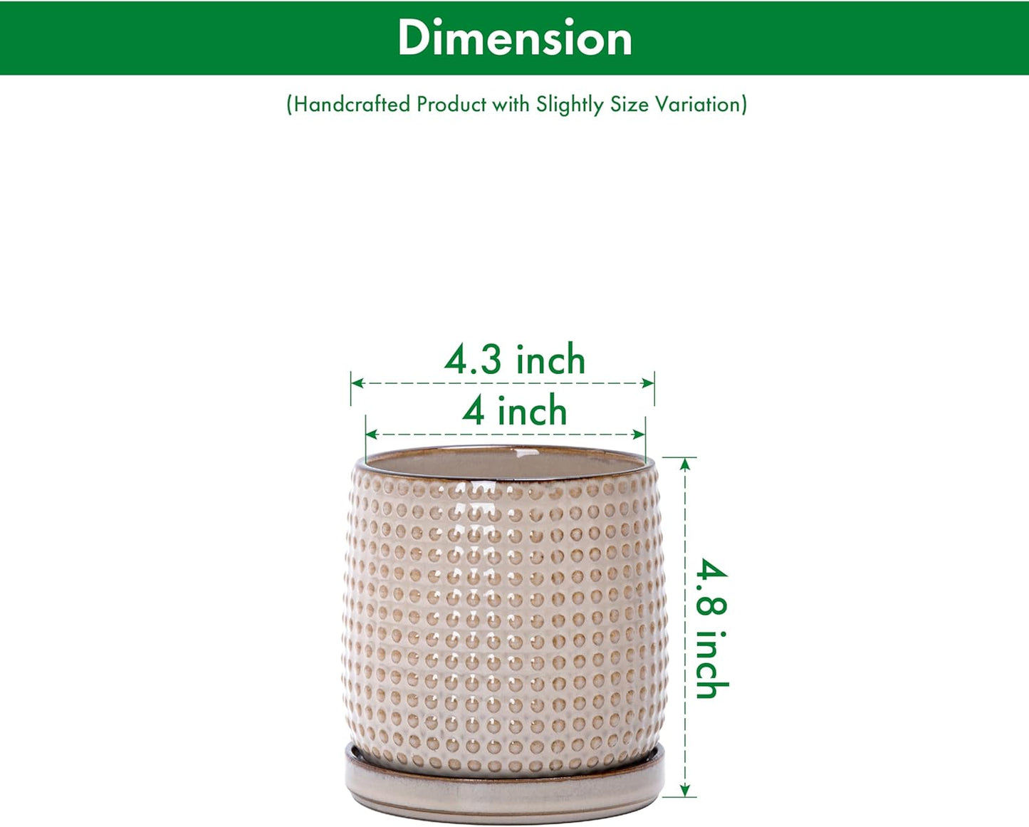 D'vine Dev Set of 2 Ceramic Plants Pots, 4 Inch Beaded Stoneware Flower Pot for Plants with Drainage Hole and Saucer, Light Brown, 27-E-Z-4