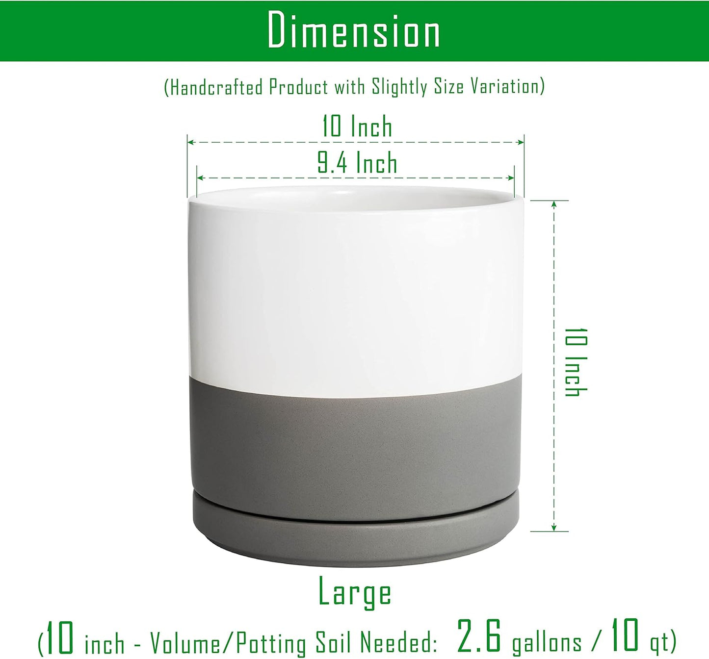 D'vine Dev Set of 2 Plants Pots, 10 Inch Ceramic Planter Pot for Plants with Drainage Hole and Saucer, White/Speckled Grey, 94-V-E-6