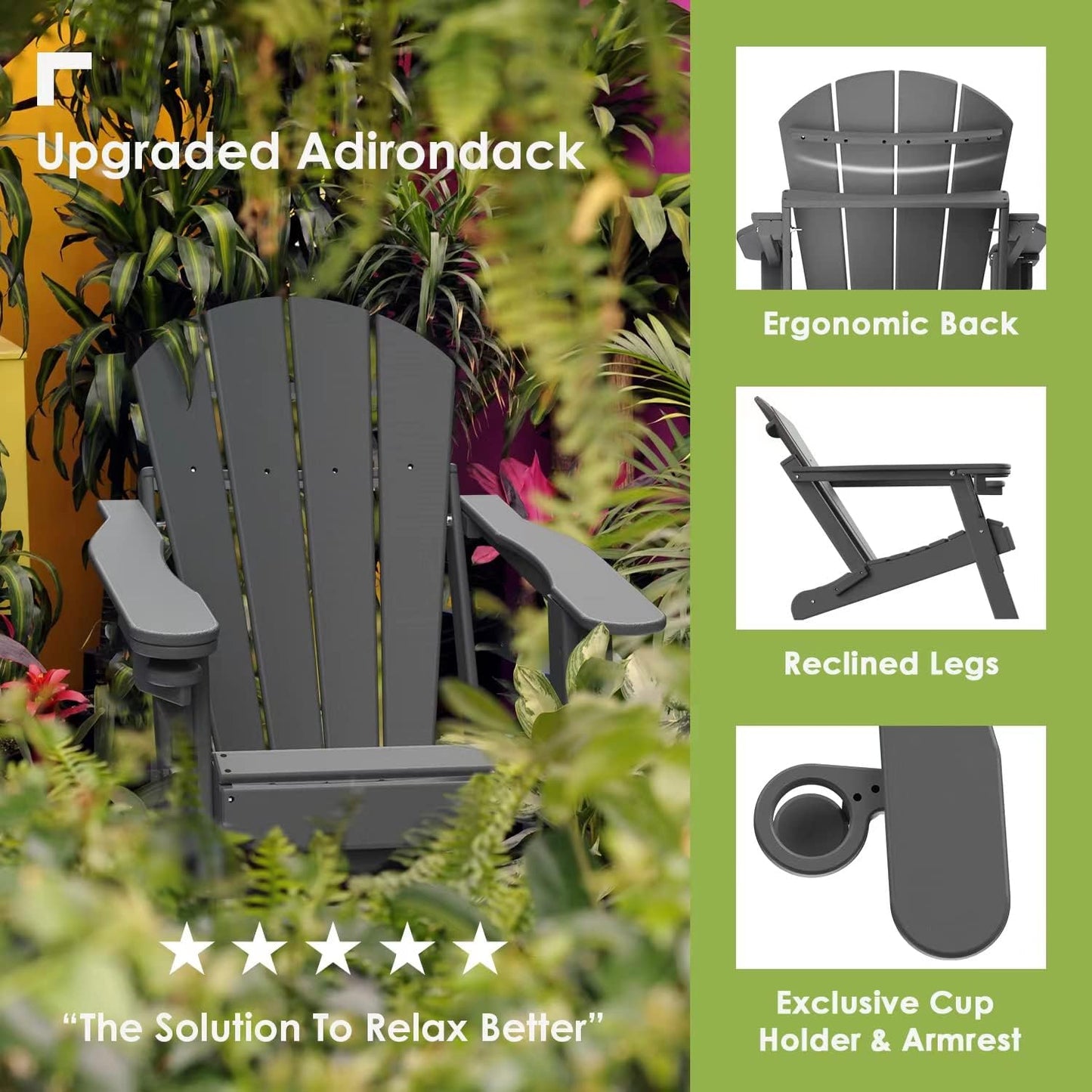 GREENVINES Folding-Adirondack-Chairs-Set-of-4 | HDPE Plastic | Fire Pit Chair | All Weather | Cup Holder | Grey | for Deck Backyard Patio Outdoor Garden
