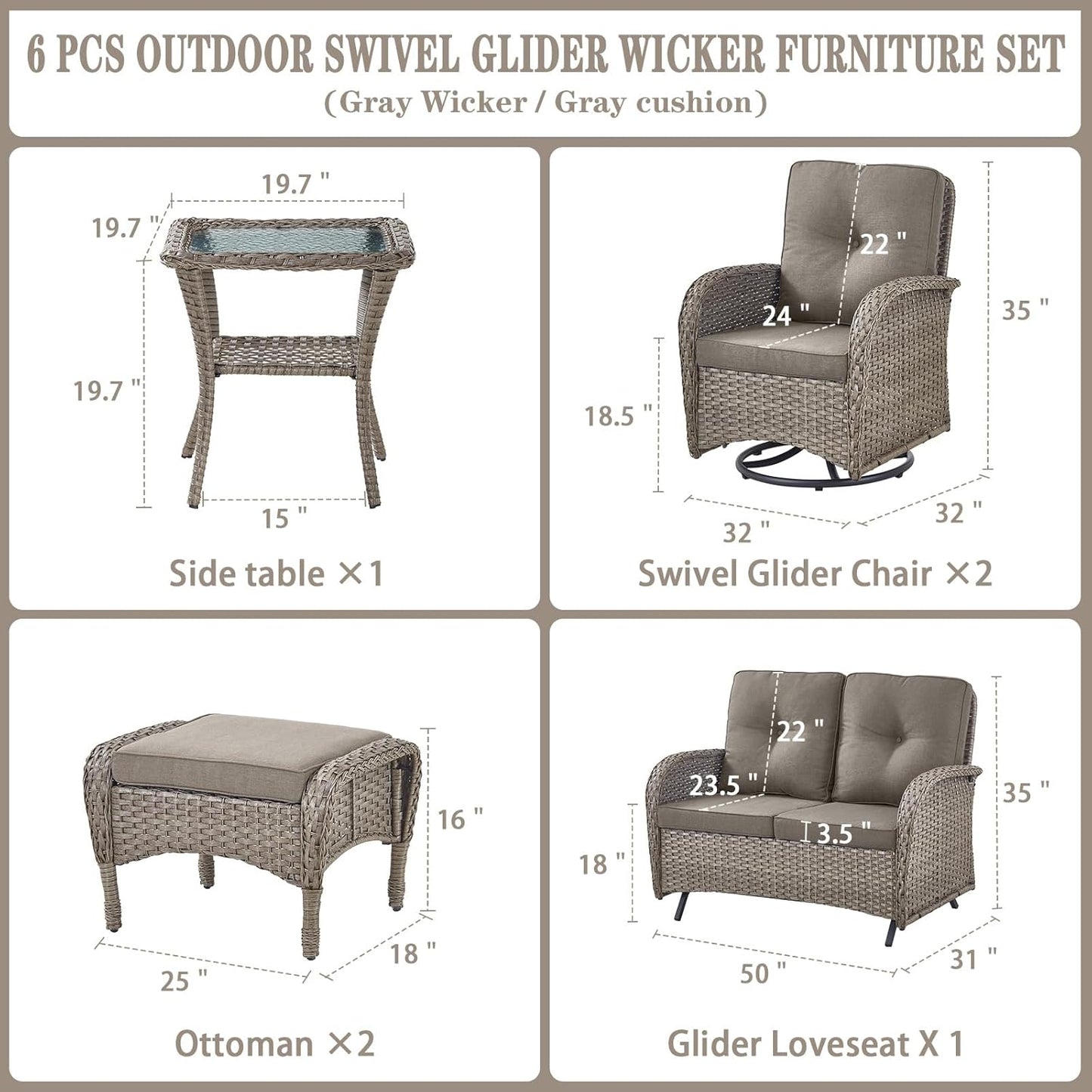 6 Pieces Wicker Patio Conversation Sets with Outdoor Swivel Rocker Chairs and Loveseat Glider Chair, All-Weather Rattan Furniture Set for Deck Patio Sunroom Backyard