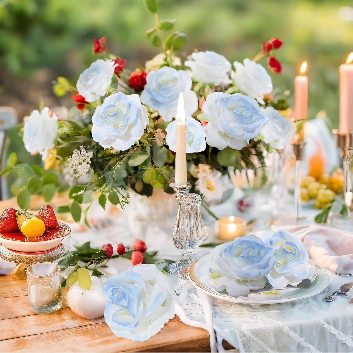 Ice Blue Artificial Roses Fake Flowers Not Bend The Peduncle with Stems for DIY Wedding Bouquets Bridal Shower Centerpieces Arrangements Tables Decorations 24pcs