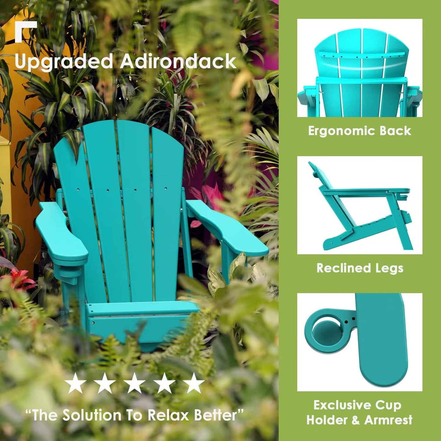 GREENVINES Folding-Adirondack-Chairs-Set-of-4 | HDPE All-Weather | Firepit Chair | Cup Holder | Aqua | for Campfire Deck Backyard Patio Outdoor Poolside Lawn