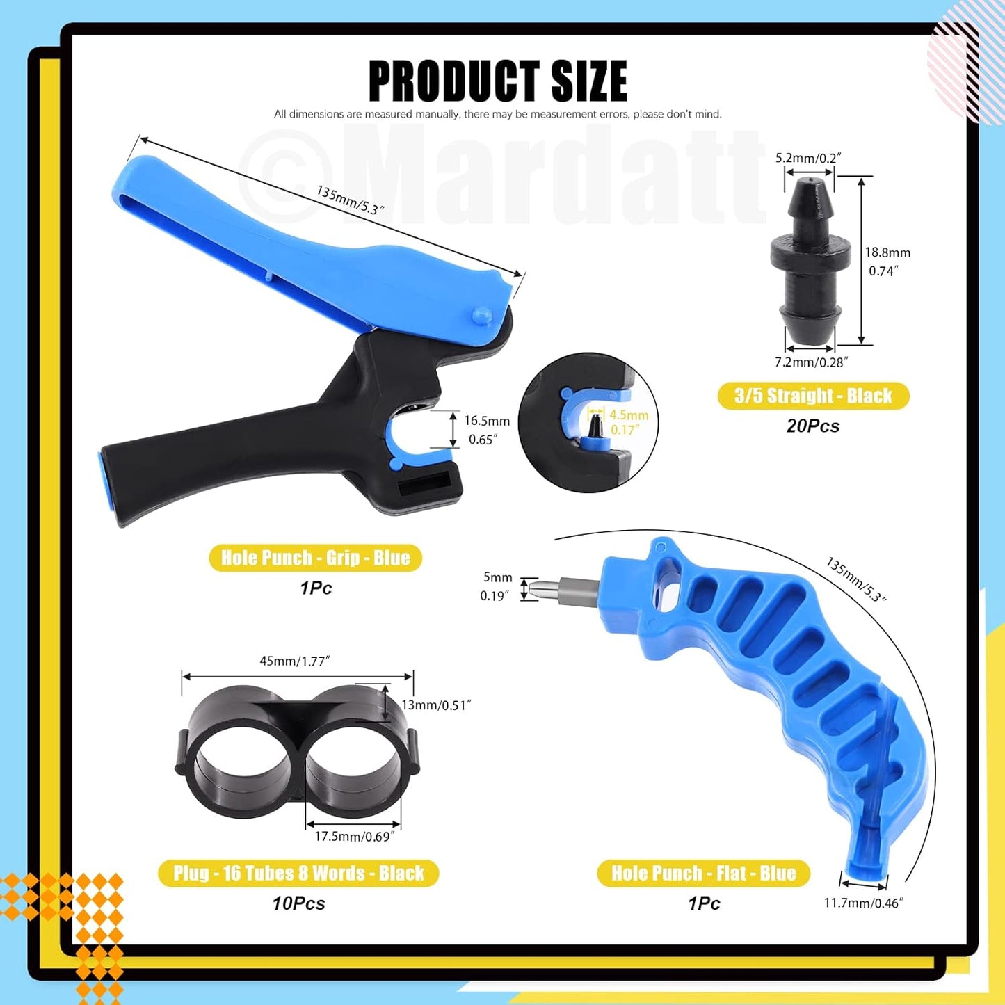 32Pcs Drip Irrigation Tubing Hole Punch & Fitting Insertion Tool with 1/2" 3/8” Drip Tube Closure Connectors End Cap Plugs for 5/8" 25/32" 1" Pipe Garden Greenhouse Agricultural Watering