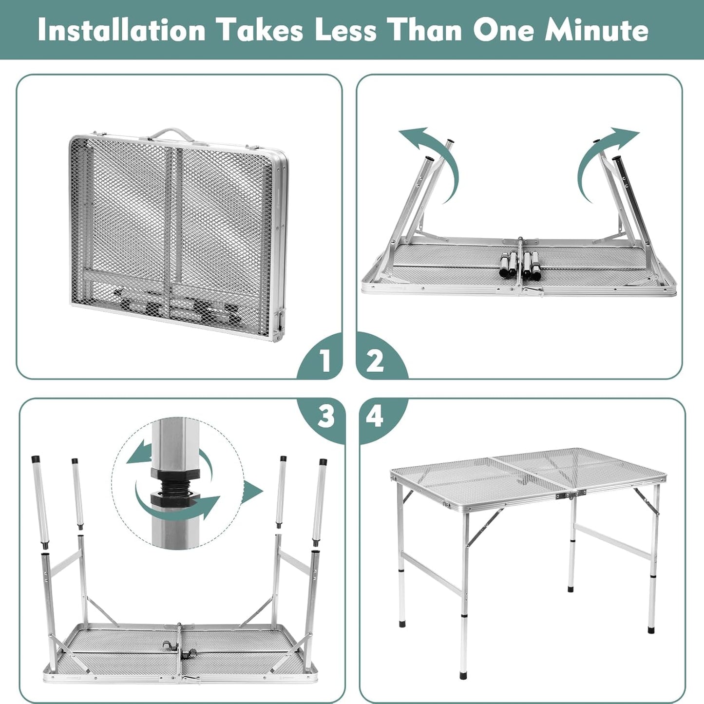 Folding Table, Easy for Storage, Compact and Portable Picnic Table for Grill, Outdoor Camping, Garden, Patio, Dining, BBQ, Party, Market, 3Ft (Medium, Silver)