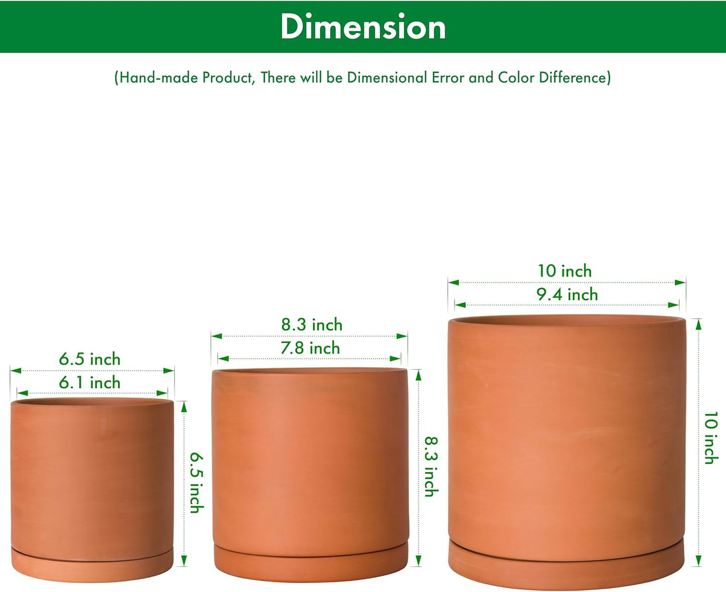 D'vine Dev Terracotta Pots for Plants, 6.5 Inch 8.3 Inch 10 Inch, Round Cylinder Planter Pot with Drainage and Saucer, 40-T-C-0